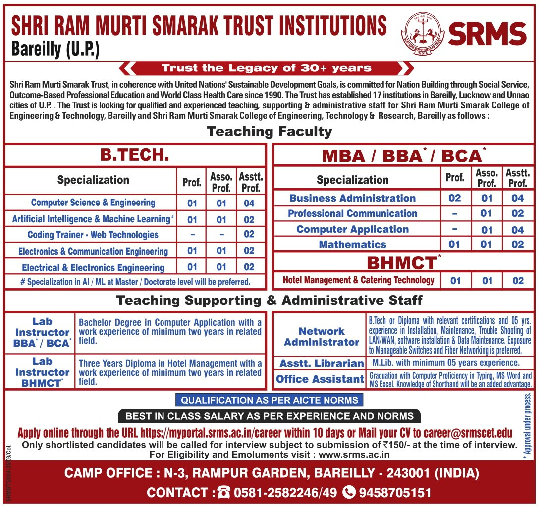 SRMS Teaching Non Teaching Faculty Recruitment 2024