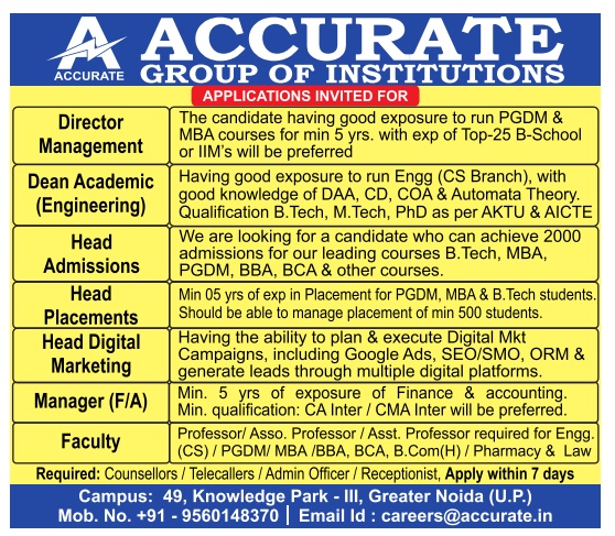 Accurate Noida Teaching Non Teaching Faculty Recruitment 2023