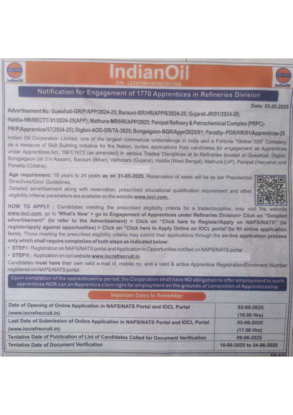 IOCL Refineries Division Apprentice Recruitment 2025