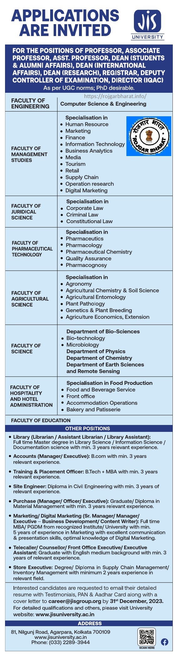 JIS University Teaching & Non Teaching Recruitment 2023