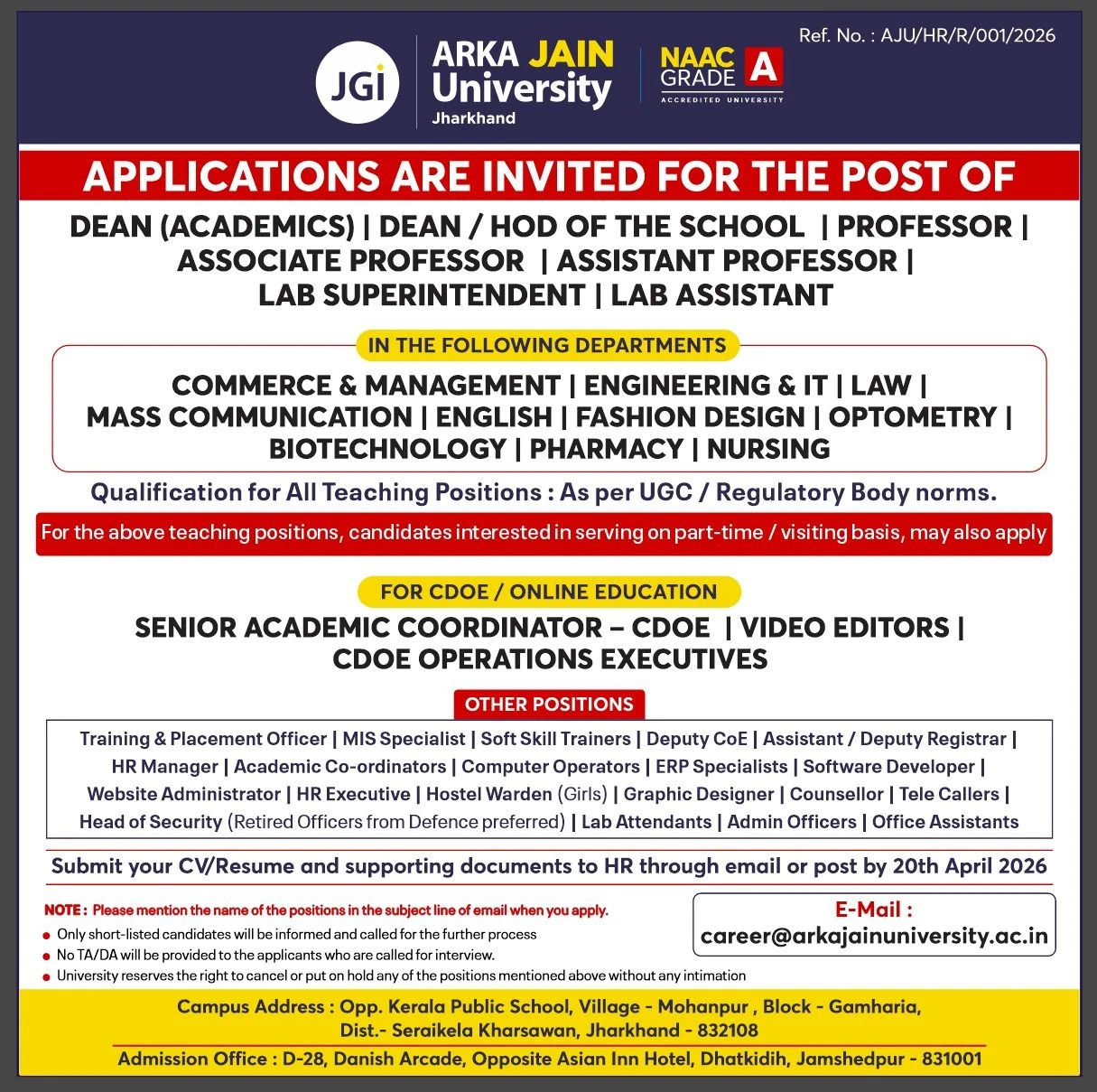 ARKA JAIN University, Jharkhand Teaching Non-Teaching Recruitment 2026