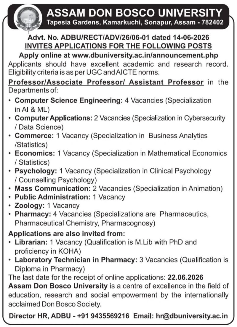 Assam Don Bosco University Faculty Recruitment 2026