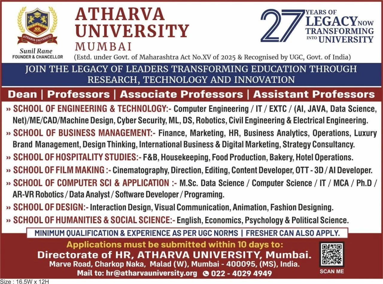 Atharva University Mumbai Teaching Positions Recruitment 2026