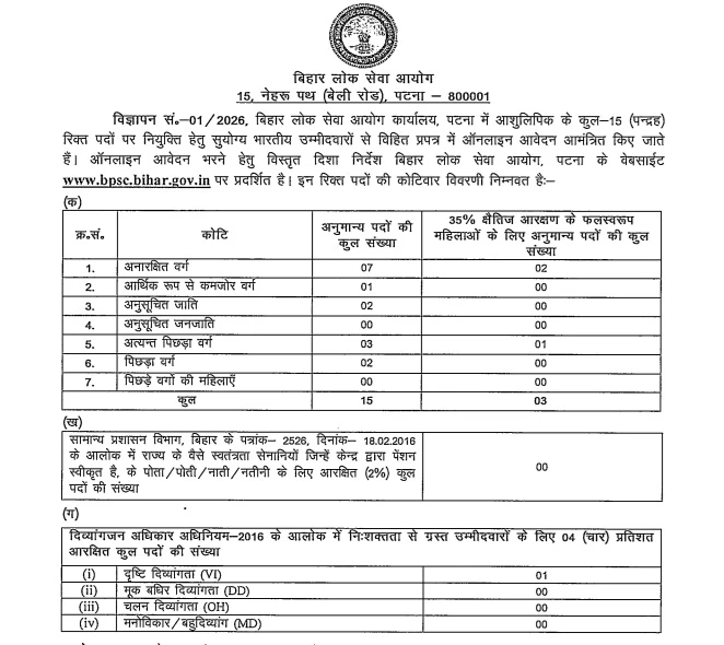 Bihar BPSC Stenographer Recruitment Advt No 01/2026 for 15 Posts