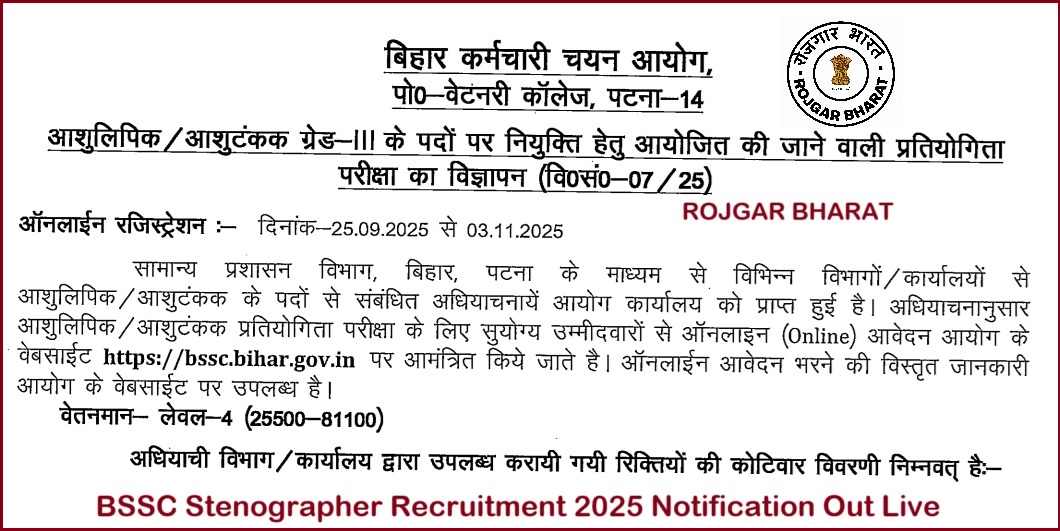 	
BSSC Stenographer Recruitment 2025 Notification Out Live