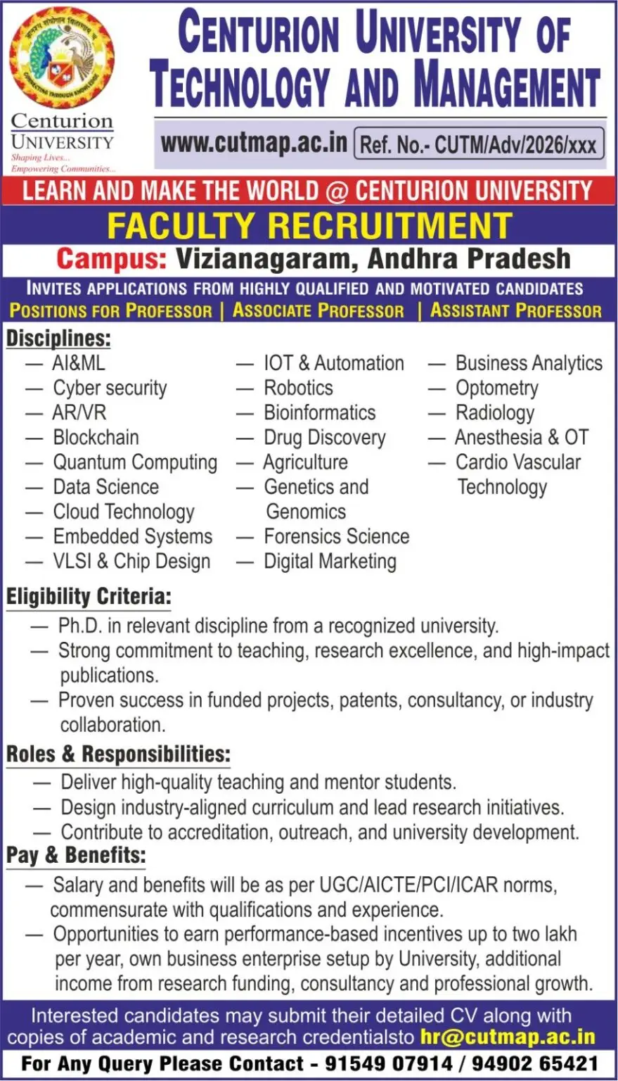 Centurion University, Andhra Pradesh, Teaching Recruitment 2026