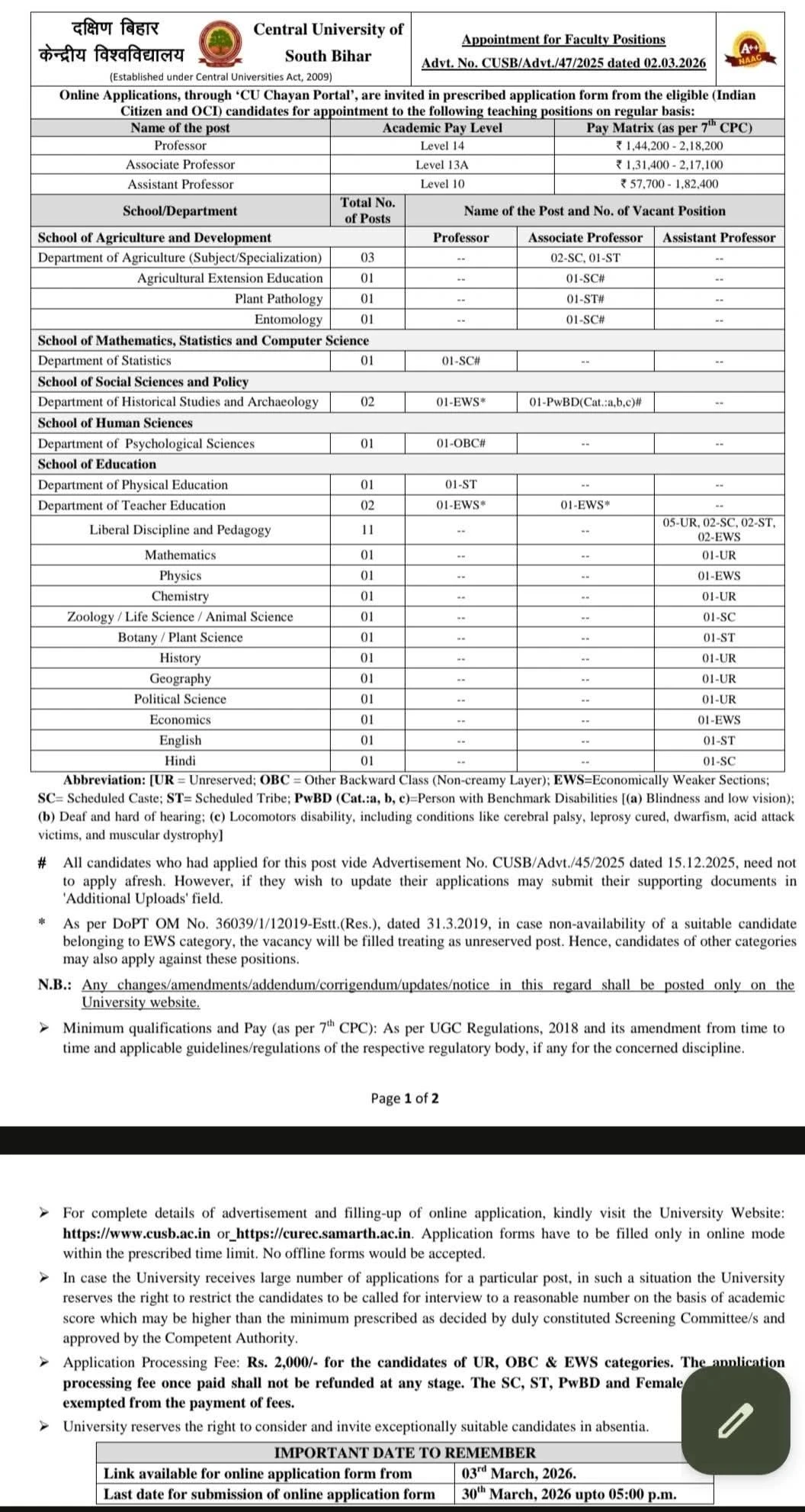 Central University of South Bihar(CUSB) Professor Recruitment 2026