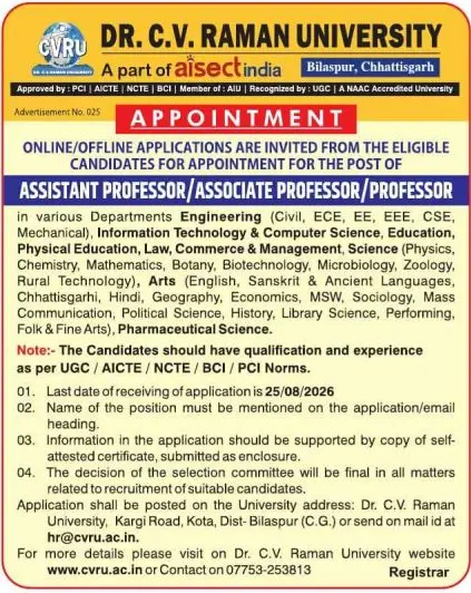 Dr. C.V. Raman University, Bilaspur, Chhattisgarh, Teaching Recruitment 2026