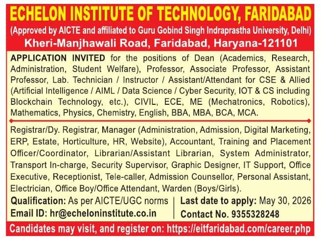 Echelon Institute of Technology Teaching Non-Teaching Recruitment 2026