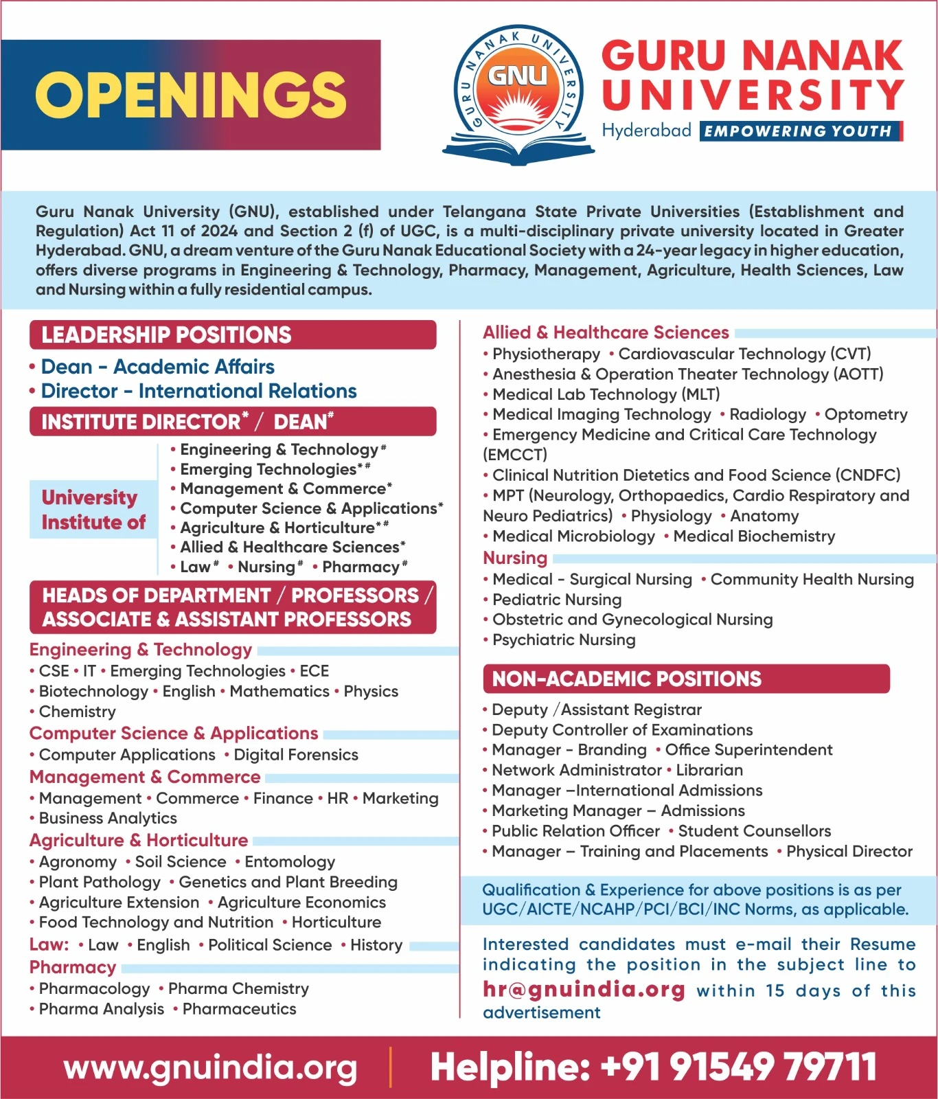 Guru Nanak University (GNU) Teaching Non-Teaching Recruitment 2026