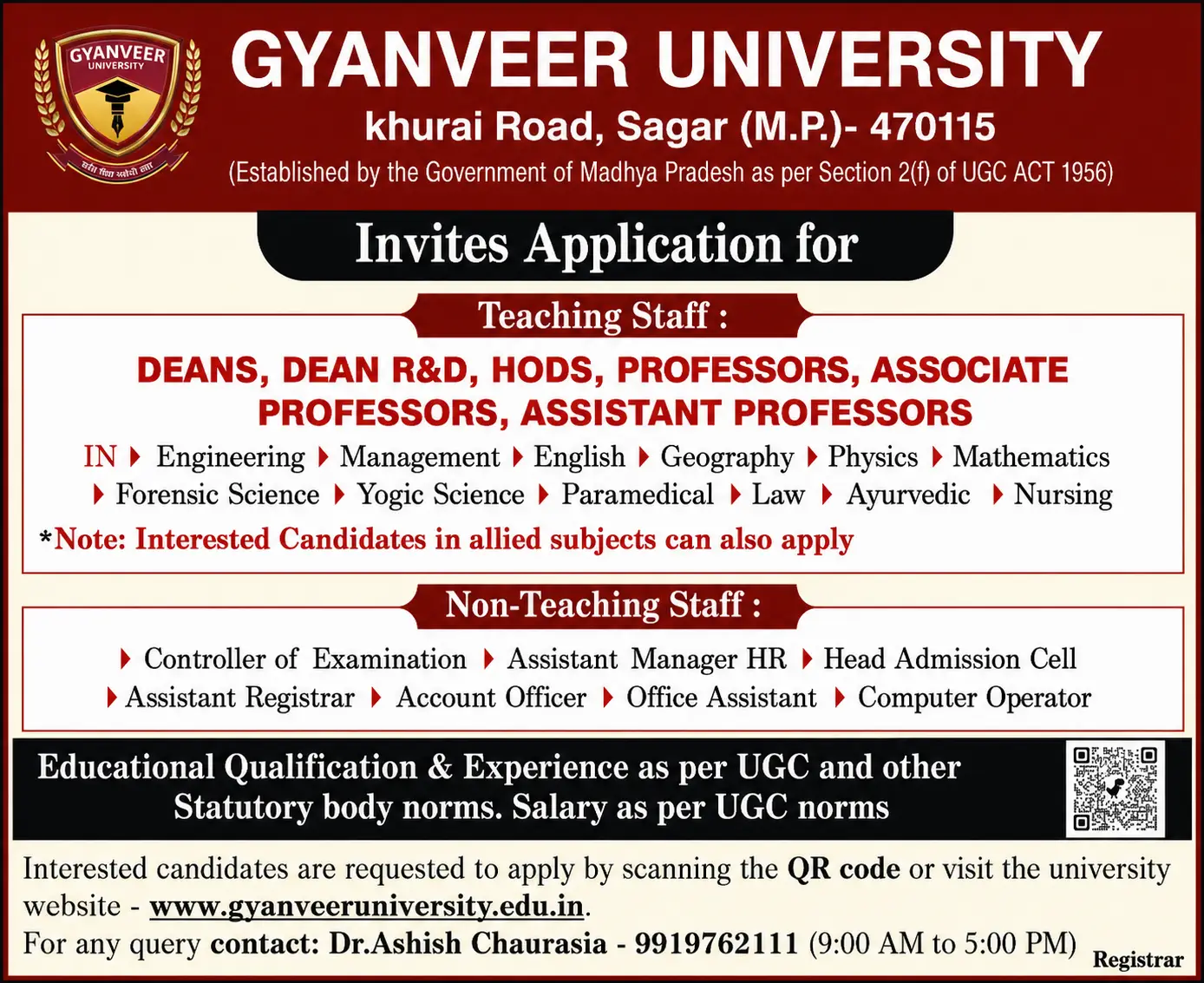 Gyanveer University, Madhya Pradesh Teaching Non-Teaching Recruitment 2026