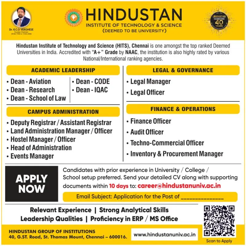 Hindustan University(HITS), Chennai,, Teaching Non-Teaching Recruitment 2026
