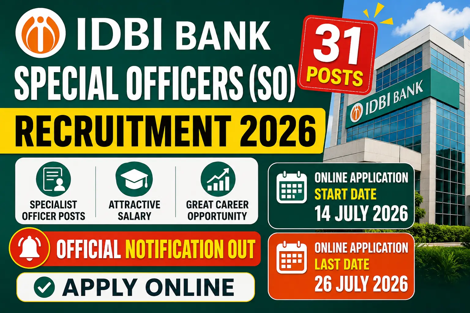 IDBI Bank Special Officers SO Recruitment 2026 Notification Out 31 Posts