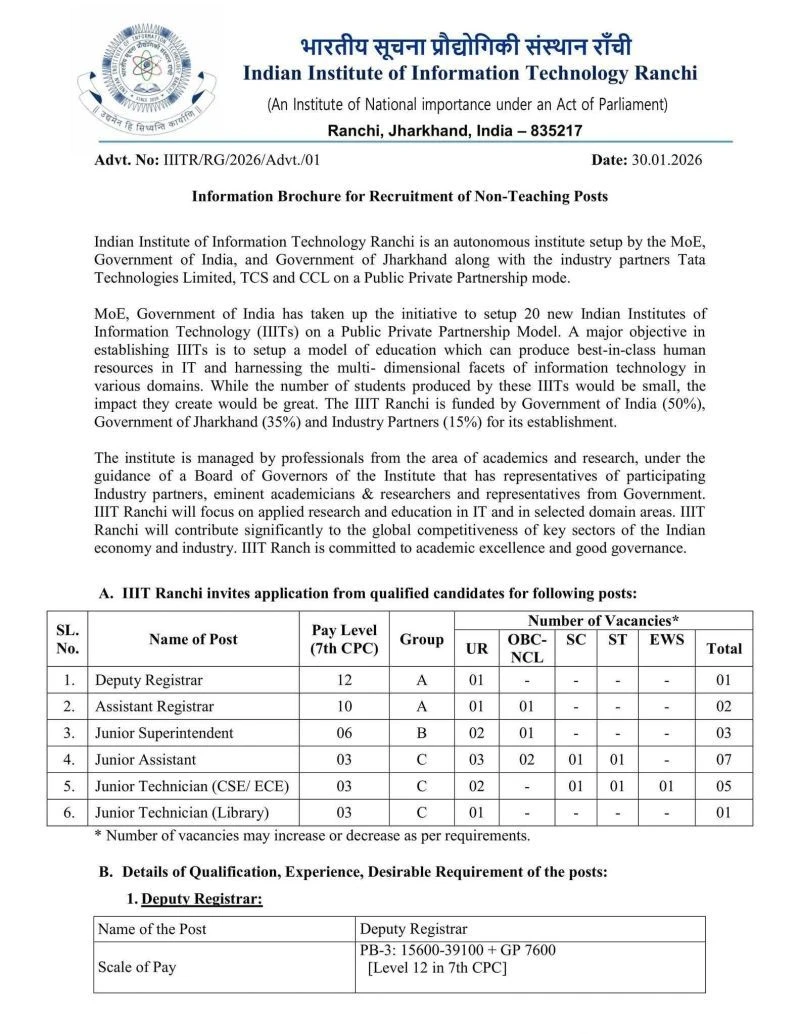 IIIT Ranchi Non-Teaching Recruitment 2026