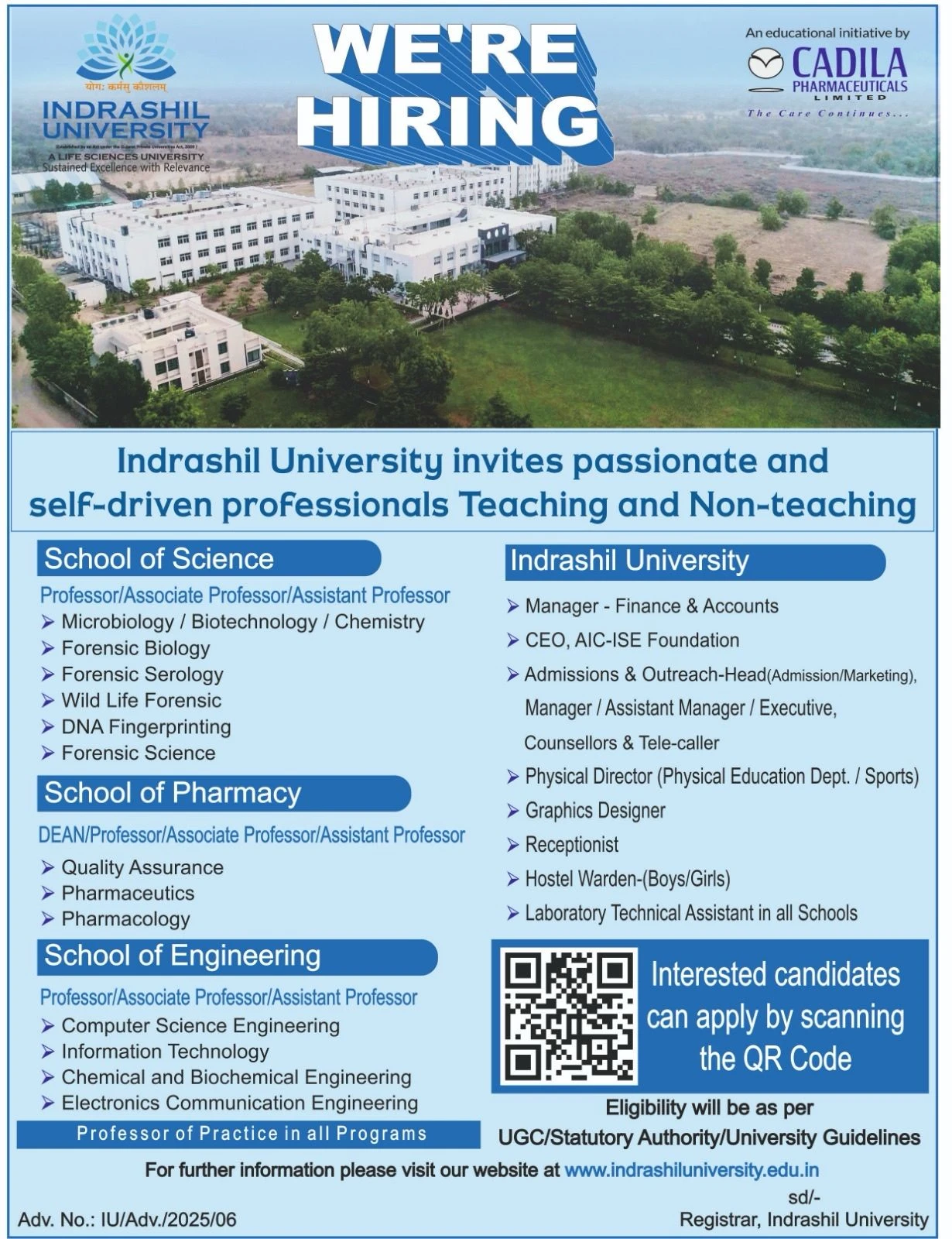 Indrashil University(IU) Teaching & Non-Teaching Recruitment 2026