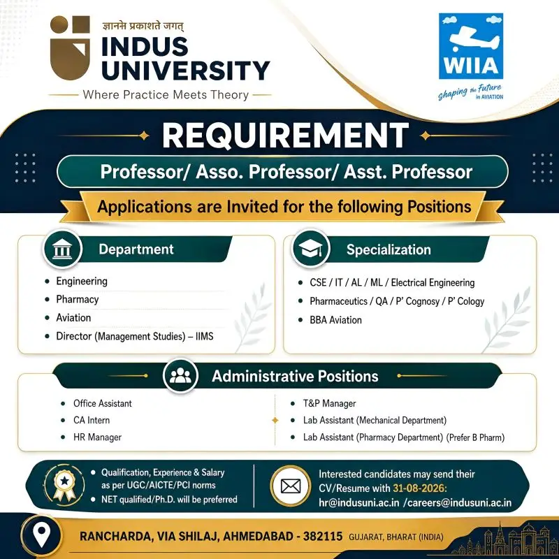 Indus University, Gujarat,, Teaching Non-Teaching Recruitment 2026