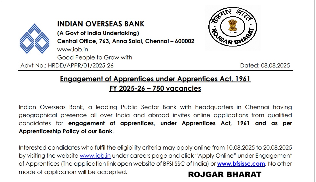 IOB Apprentice Recruitment 2025 Apply Online