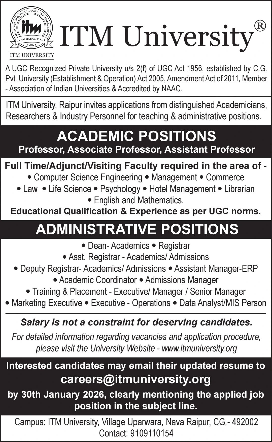 ITM University Teaching Non-Teaching Recruitment 2026