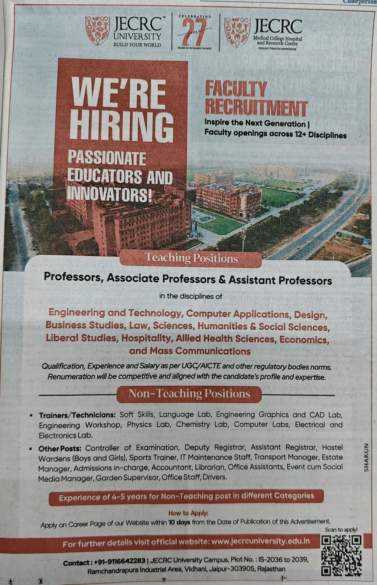 JECRC University,Rajasthan  Teaching Non-Teaching Recruitment 2026