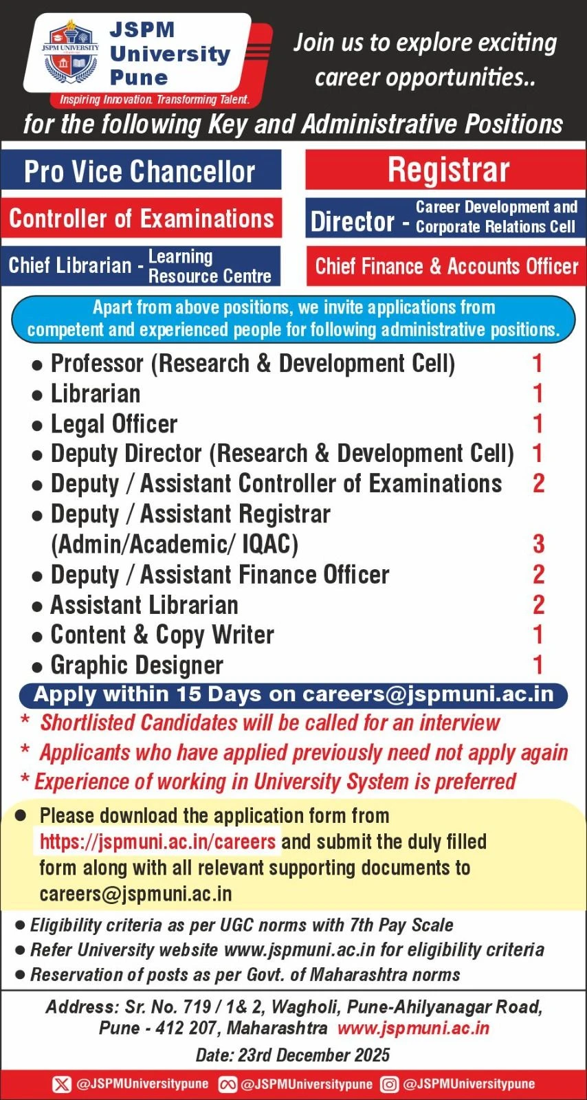 JSPM Pune Teaching Non Teaching Recruitment 2025
