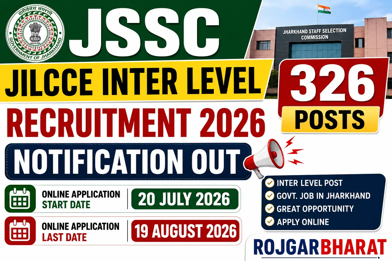 JSSC JILCCE Inter Level Recruitment 2026 Notification Out 326 Posts