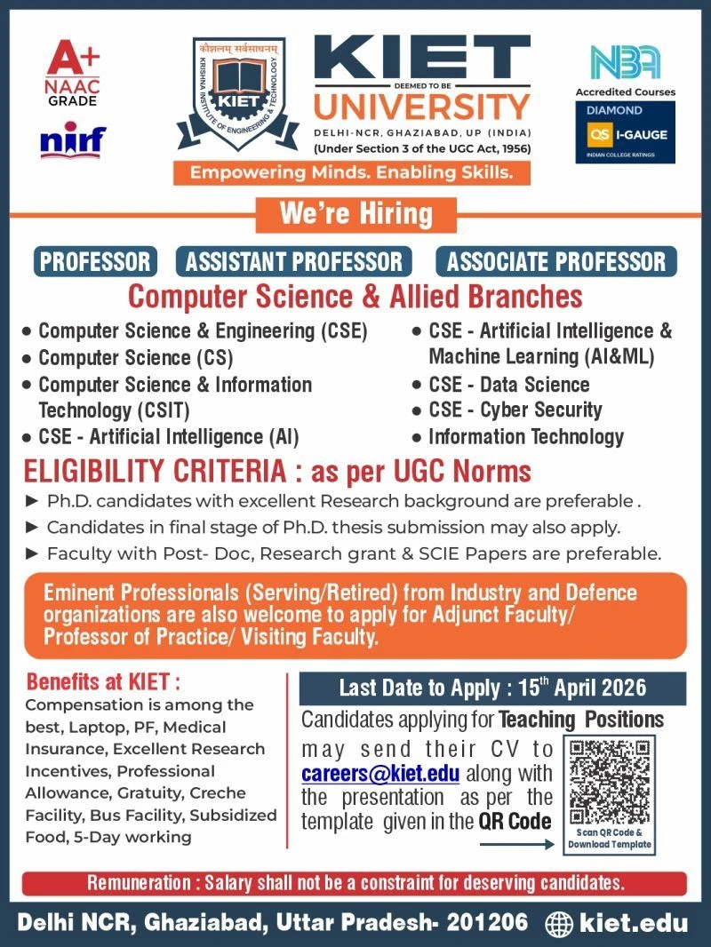 KIET University Professor Positions Recruitment 2026)