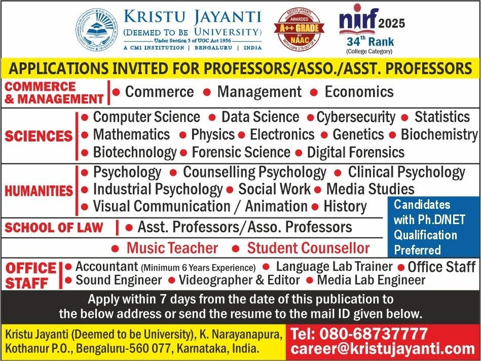 Kristu Jayanti (Deemed to be University) Teaching Positions Recruitment 2026)