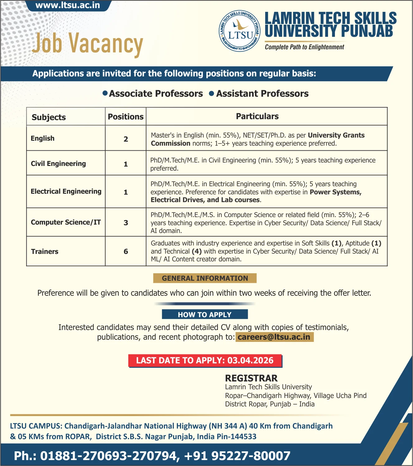 LTSU Assistant Professor / Associate Professors Recruitment 2026