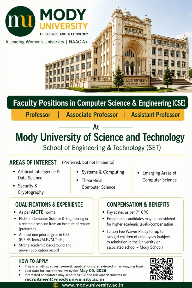 Mody University Teaching Positions Recruitment 2026