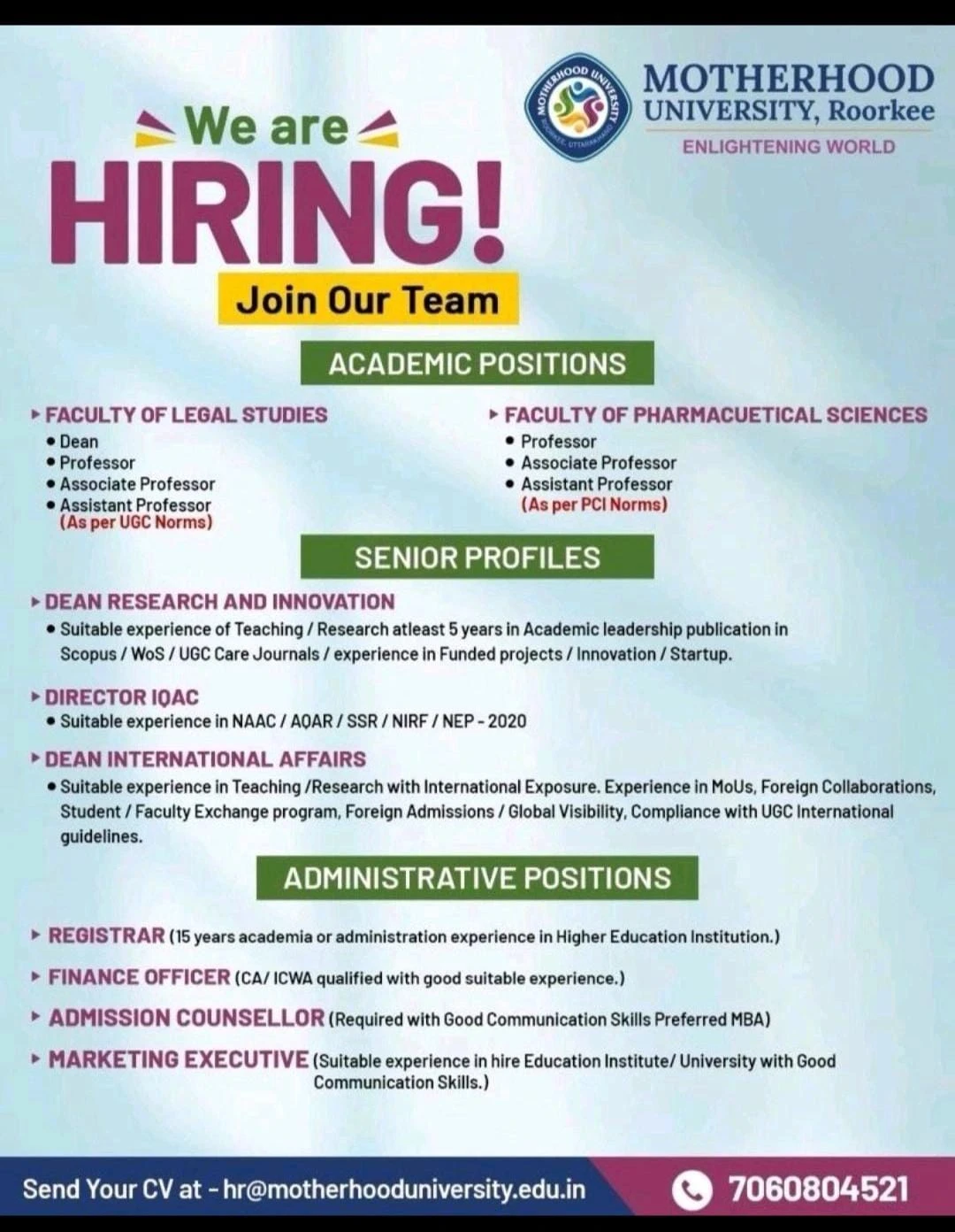 Motherhood University Teaching Non-Teaching Recruitment 2026