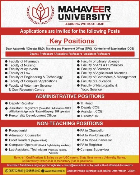 Mahaveer University (MVU) Teaching Non Teaching Recruitment 2025