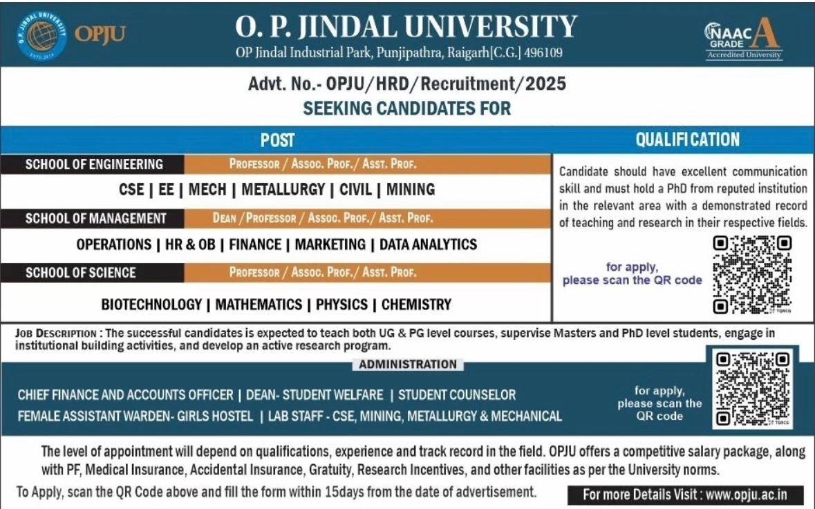O.P. Jindal University Teaching Non Teaching Recruitment
