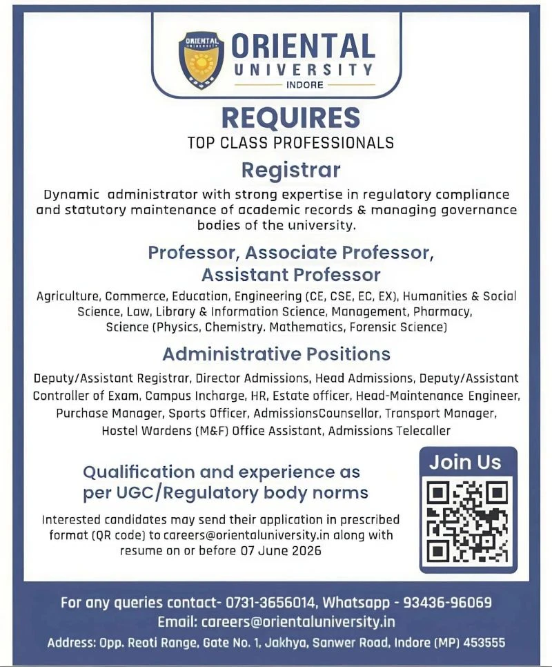 Oriental University, Indore (OUI) Teaching Non-Teaching Recruitment 2026