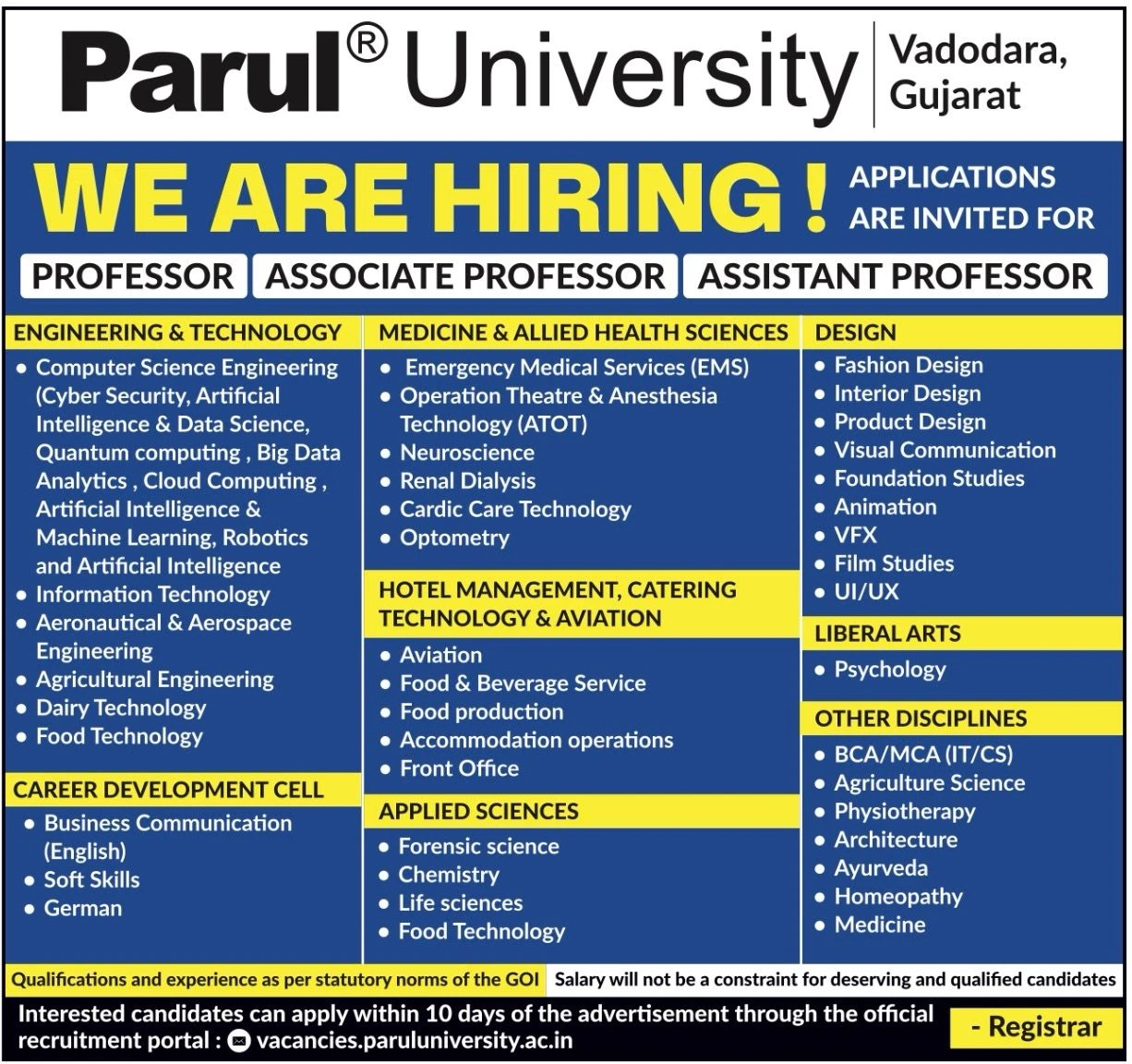 Parul University Teaching Non-Teaching Recruitment 2026