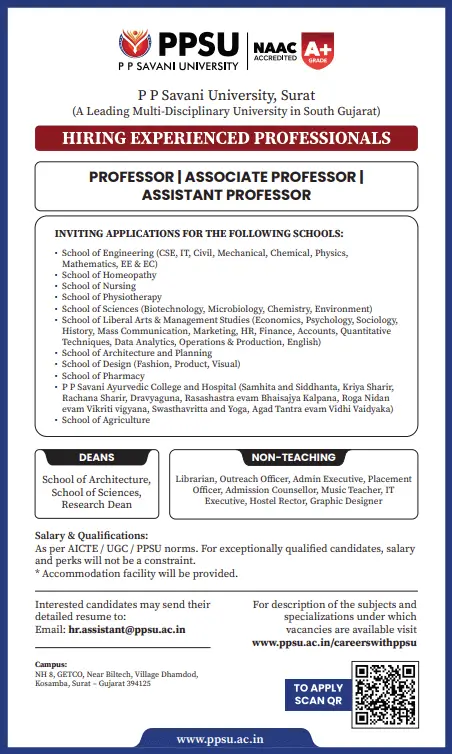 P P Savani University, Surat Teaching Non-Teaching Recruitment 2026