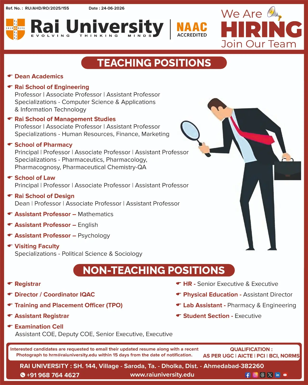 Rai University, Ahmedabad, Teaching Non-Teaching Recruitment 2026