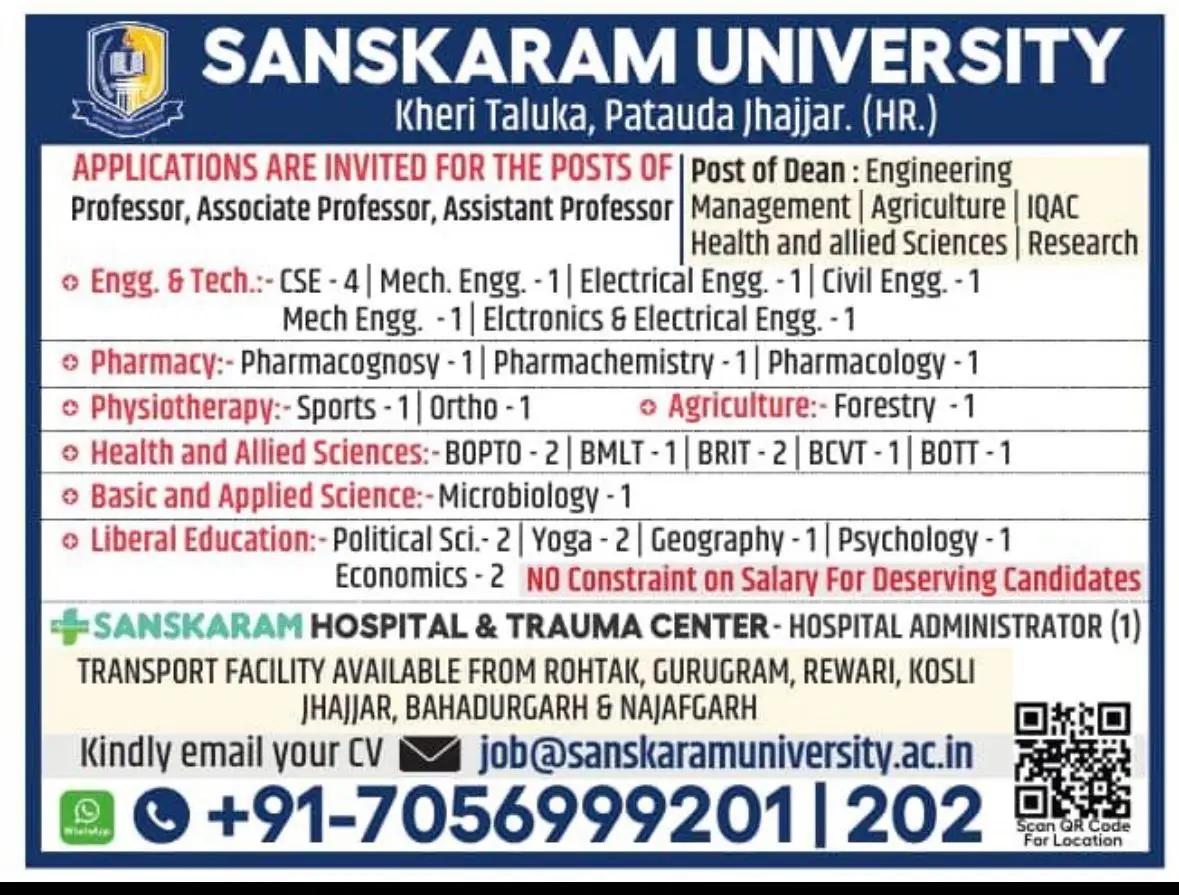 Sanskaram University, Haryana, Professor Post Recruitment 2026