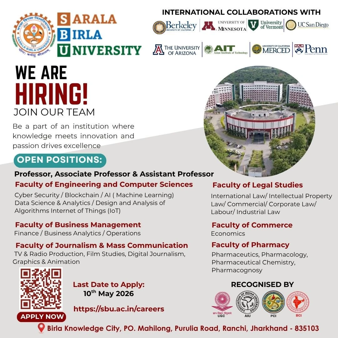 Sarala Birla University Teaching Faculty Positions Recruitment 2026
