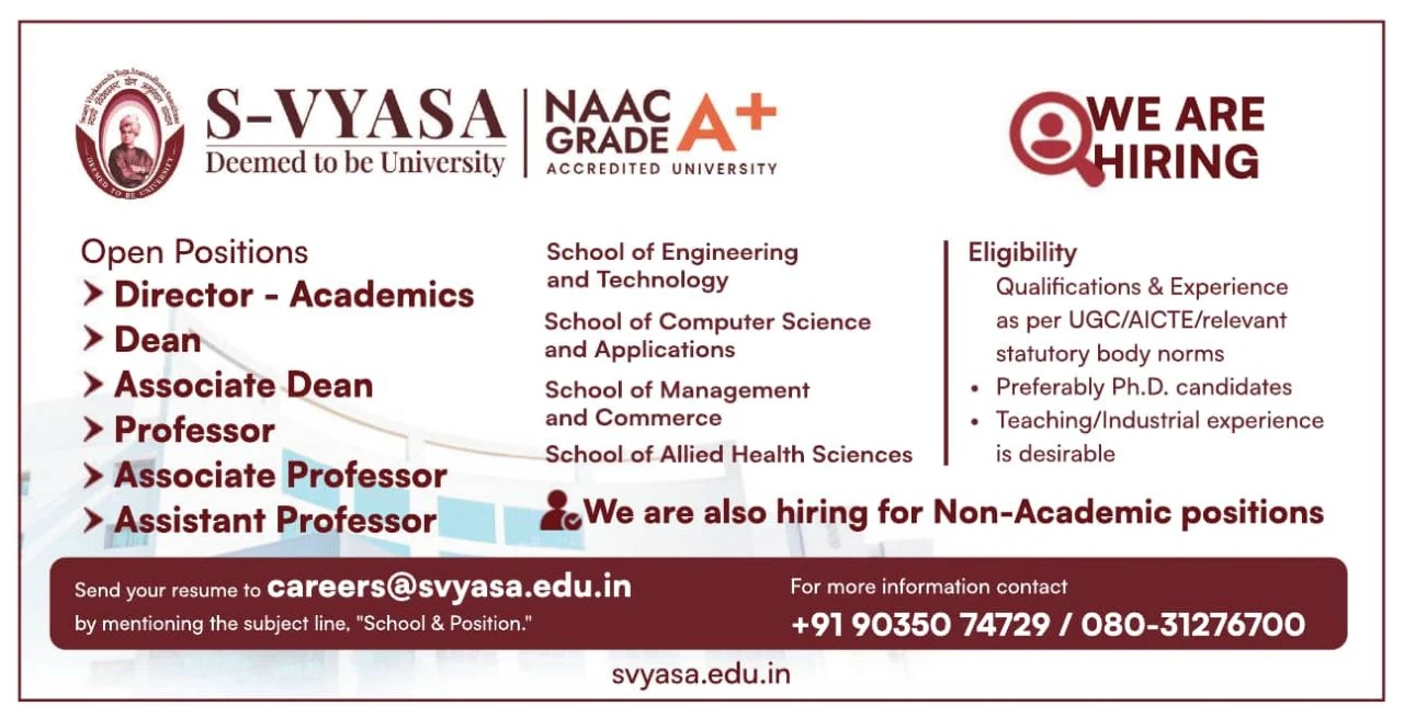 S-VYASA University Teaching Non-Teaching Recruitment 2026