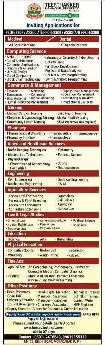 Teerthanker Mahaveer University, Uttar Pradesh, Teaching Recruitment 2026