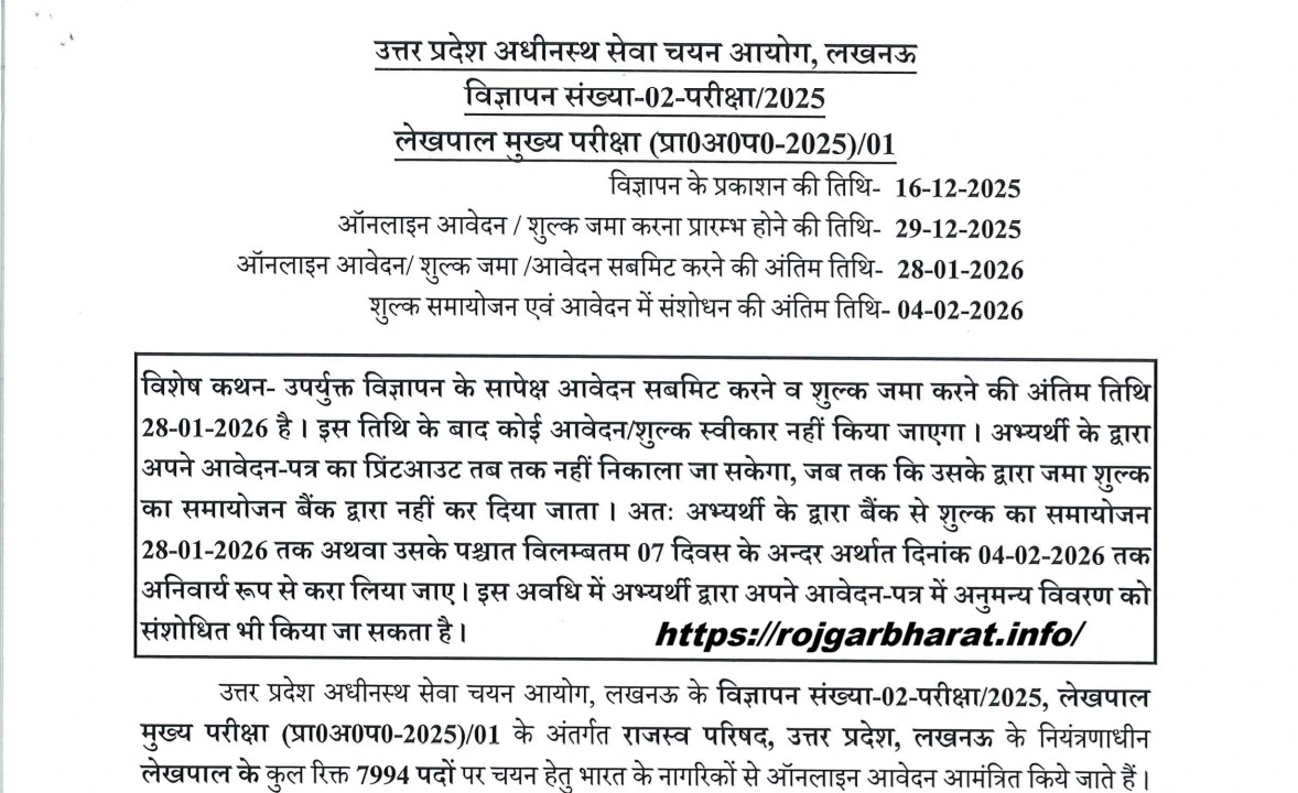 UPSSSC Lekhpal Recruitment 2025 Notification Out 7994 Posts