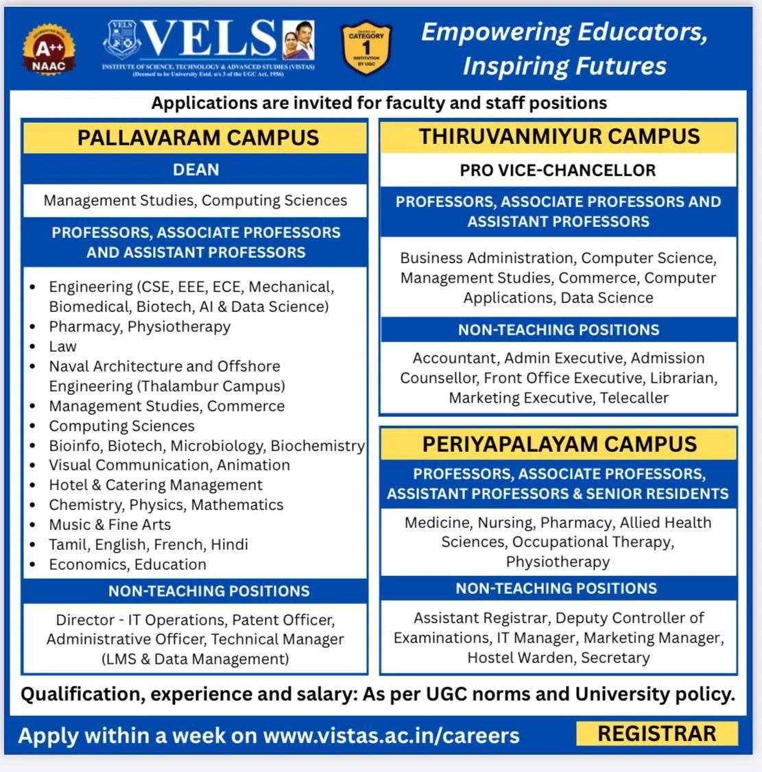 VISTAS Teaching Non Teaching Recruitment 2025